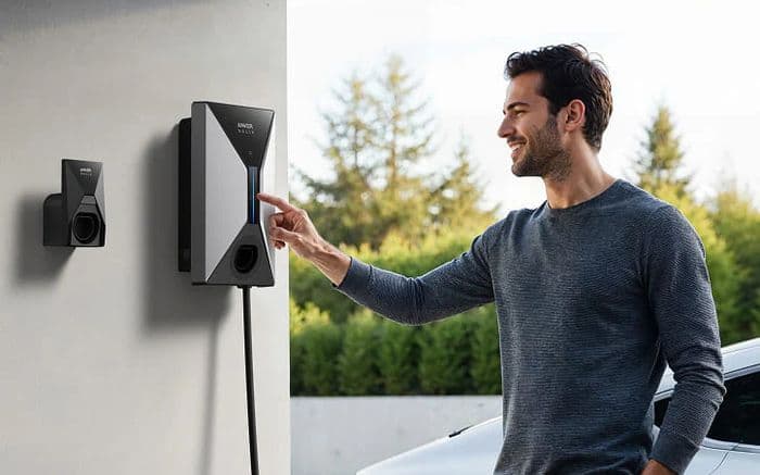 Handwerker bei der Installation einer Wallbox